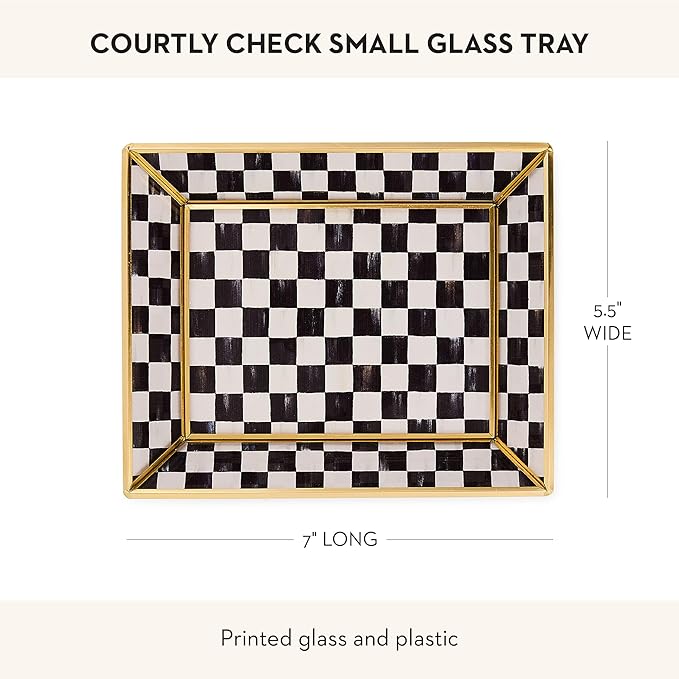 MACKENZIE-CHILDS Glass Tray, Decorative Bathroom Counter Tray, Small, Black-and-White Courtly Check