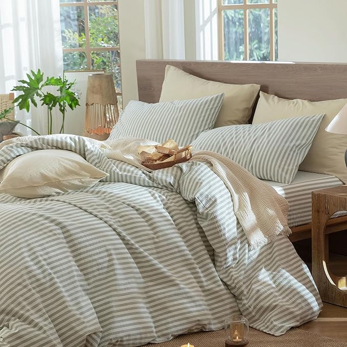 MooMee Striped Duvet Cover Set 100% Washed Cotton Linen Like Textured Breathable Durable Soft Comfy (Sage Green White Classic Stripes, King 104"x90")