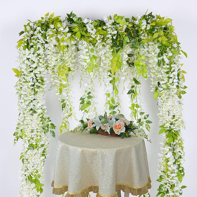 Lvydec Wisteria Artificial Garland, 4Pcs Total 28.8ft White Artificial Wisteria Vine Silk Hanging Flower for Home Garden Outdoor Ceremony Wedding Arch Floral Decor