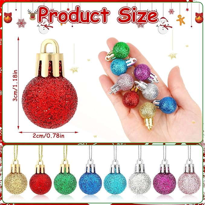 Jansun 60PCS Christmas Mini Balls Ornaments Miniature Xmas Tree Hanging Decorations Small Vintage Multicolour Glitter Balls for Holiday Party Outdoor Indoor DIY Craft Decor Supplies