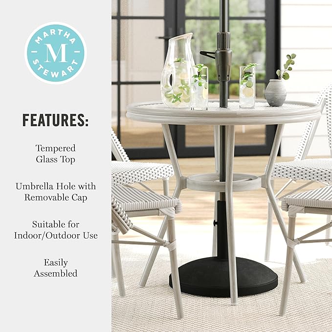 Martha Stewart Lily Pond 31” Round Indoor Outdoor Bistro Dining Table with Aluminum Frame in Gray Woodgrain and Rattan Top in White/Gray with Tempered Glass Top