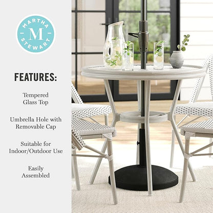 Martha Stewart Lily Pond 31” Round Indoor Outdoor Bistro Dining Table with Aluminum Frame in Gray Woodgrain and Rattan Top in White/Gray with Tempered Glass Top
