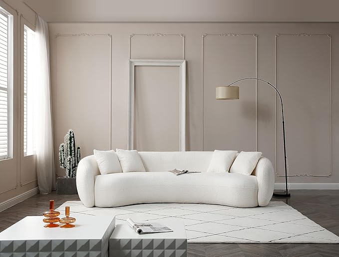 KEIKI 103" Boucle Half Moon Curved Sectional Sofa with 4 Throw Pillows, Modern Style 5-Seater Teddy Fleece Leisure Couch with Curved Backrest, Easy Assembly, for Apartment, Living Room, Bedroom, White