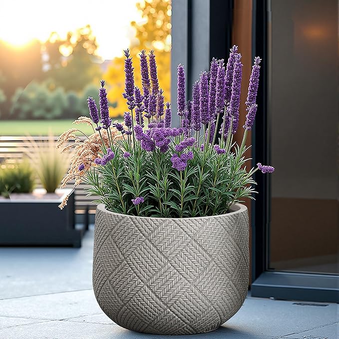 LuxenHome 17.5-Inch Dia Round Concrete Planters, Large Outdoor Indoor Decorative Plant Pots with Drainage Holes and Rubber Plug, Modern Gray Glen Woven Pattern Flower Pot Planter for Home Garden Patio