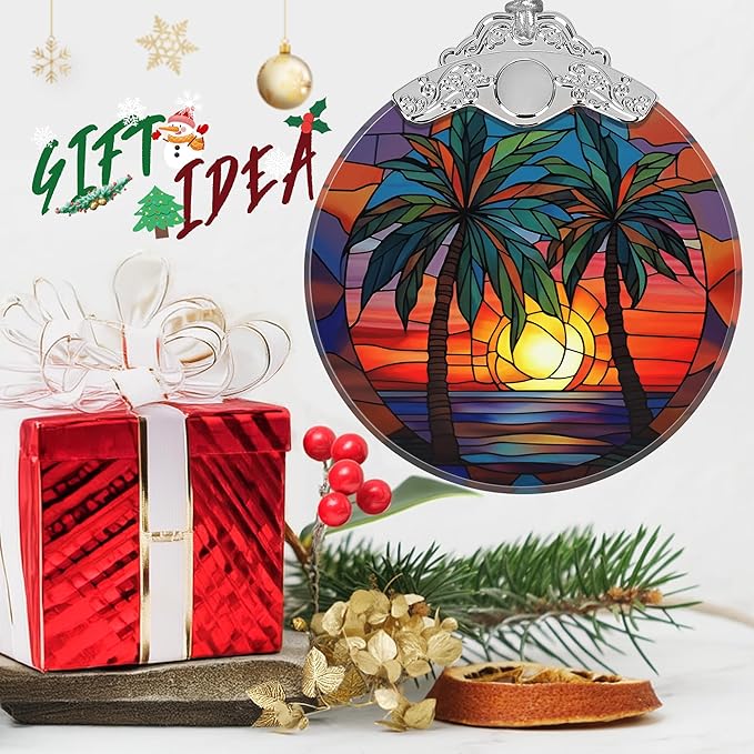 Stained Glass Retro Beach Christmas Ornament - Holiday Home Decor - Tree Decoration - Gift Exchange Present Ideas