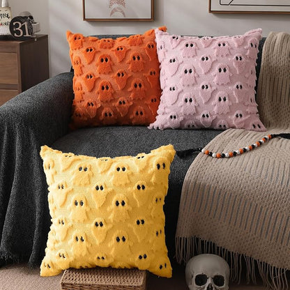 DFXSZ Halloween Pillow Covers 18x18 inch Set of 2 Yellow Ghost Throw Pillow Cases Soft Plush Faux Fur Wool Cushion Case for Chair Bedroom Living Room Home Decor PTK03H18