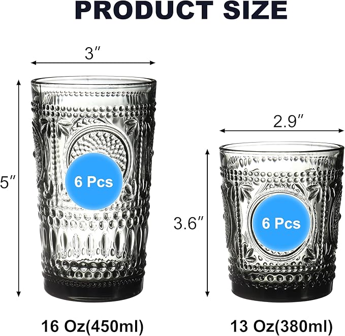 Grey Drinking Glasses Set of 12, 16 Oz Highball & 13 Oz Cocktail Glasses, Grey Kitchen Vintage Glassware Set, Floral Embossed Glass Tumbler Cups for Juice, Whiskey, Water, Beer, Coffee