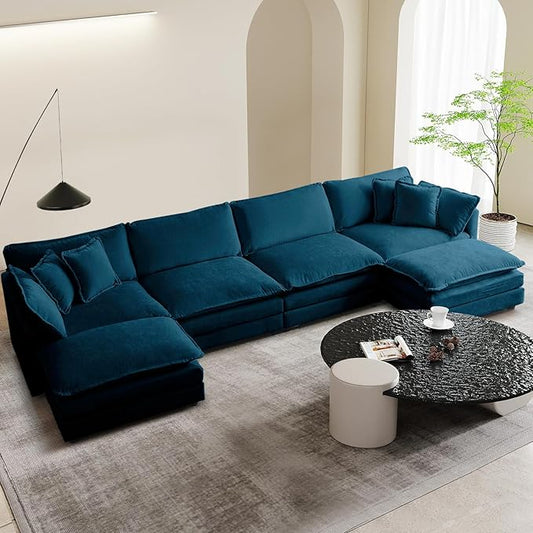 SoarFlash Chenille Sectional Sofa, Comfy L/U Shaped Modular Coush Sofa with Ottoman, Modern 4 Seat Couch Deep Seat Sofa Set for Living Room,Deep Blue