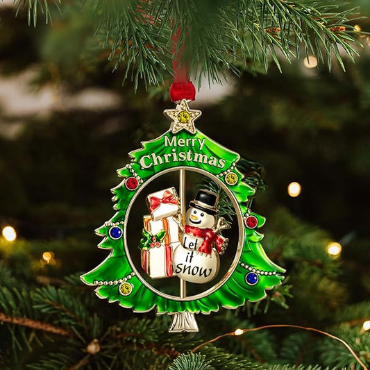 Christmas Tree Ornament Metal Silver Hanging Rotatable Design Charm Holiday Decorative Pendant Gift Keepsake (Golden Snowman 2025)