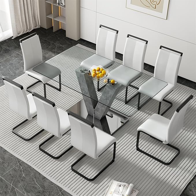 Glass Dining Table Set for 8, 71" Kitchen Table and 8 PU Leather Chairs, Tempered Glass Top and MDF Base, 9-Piece Table Set Ideal for Living Room