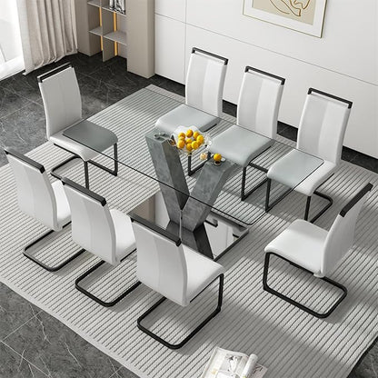 Glass Dining Table Set for 8, 71" Kitchen Table and 8 PU Leather Chairs, Tempered Glass Top and MDF Base, 9-Piece Table Set Ideal for Living Room