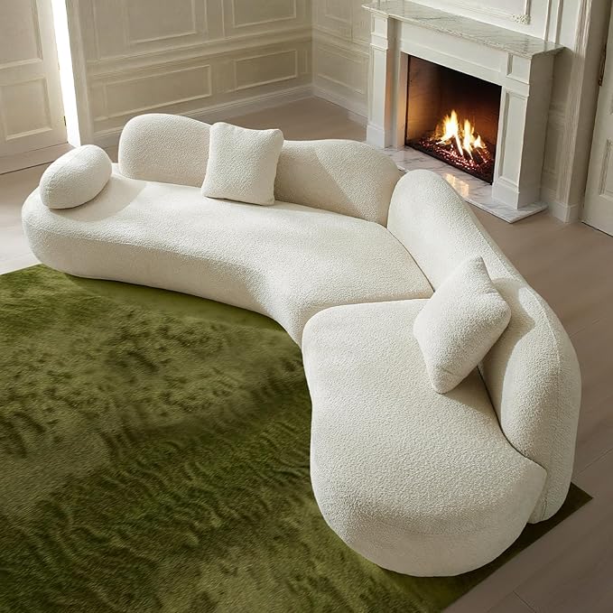 128" Luxury Curved Sectional Sofa with Ottoman, 6-Seater Boucle Couch Cloud Like Modular Sofa, Curved Sofas for Living Room, Luxury Couches with Butterfly Backrest Pillows (White)