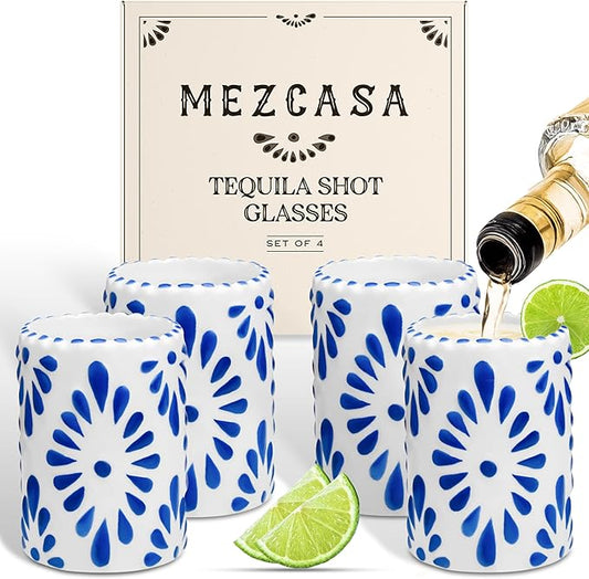 Talavera Shot Glasses 100% Handmade Ceramic Shot Glasses Mexican Pottery Design Perfect Gifts for Women & Men, BLUE