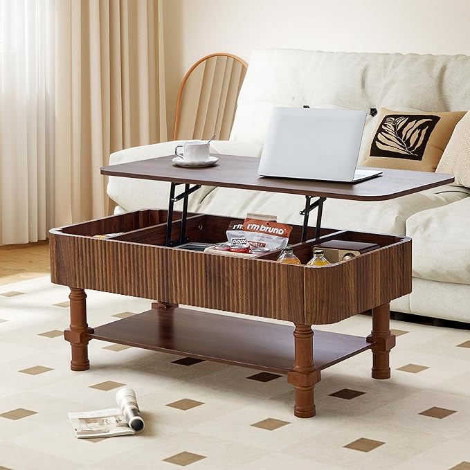 39”Large Lift Top Coffee Table with Hidden Storage Compartment,Fluted Coffee Tables Fully Assembled Wooden Center Table,Mid Century Modern Lift Tabletop Dining Table for Living Room Home Office,Walnut