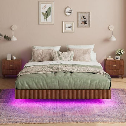 Evermagin Walnut Queen Floating Bed Frame with led Lights, Mid Century Modern Fluted Floating Platform Bed No Headboard, Heavy Duty Metal Float Bedframe No Box Spring Needed