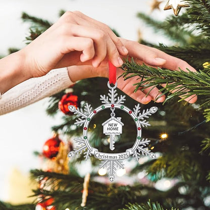 New Home Christmas Ornament 2025, First Christmas in New Home Snowflake Ornament with Key Design, Housewarming Gift for New Homeowners, Metal Xmas Tree Decoration Keepsake