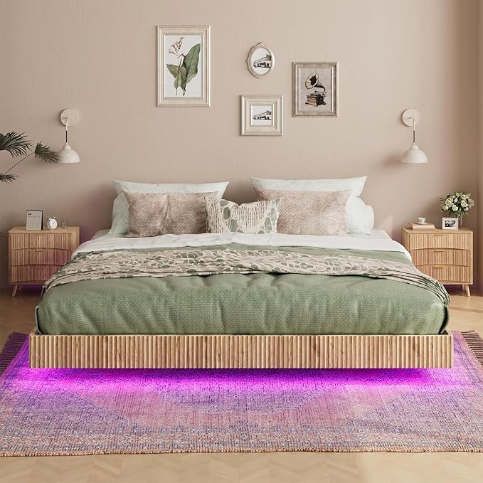 Evermagin Natural King Floating Bed Frame with led Lights, Bohemia Fluted Floating Platform Bed No Headboard, Heavy Duty Metal Float Bedframe No Box Spring Needed