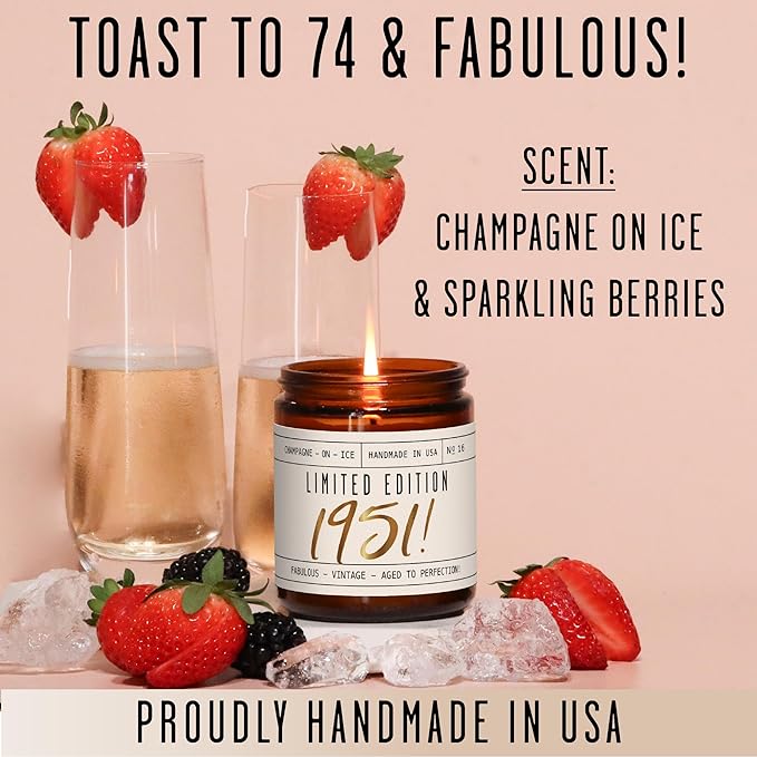 74th Birthday Gifts for Women - 'Limited Edition 1951' Soy Candle, w/Champagne on Ice I 74 Birthday Gifts for Women I 74th Birthday Gift for Her Ideas I 9oz Reusable Jar, 50Hr Burn, Made in USA