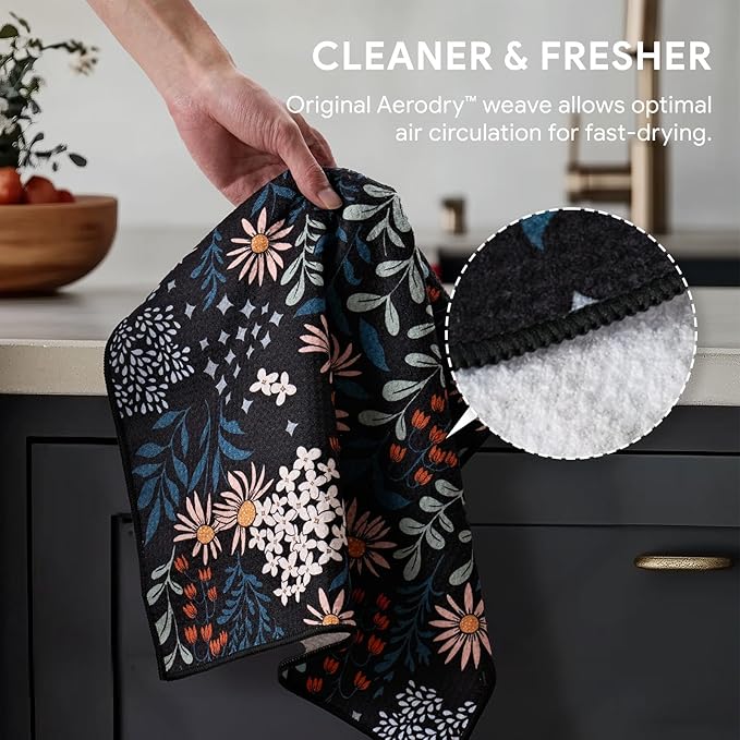 RECYCO Waffle Kitchen Towels Set of 2 Quick Dry Microfiber Sustainable Lightweight Hand Towels Enchanted Bloom 16x28