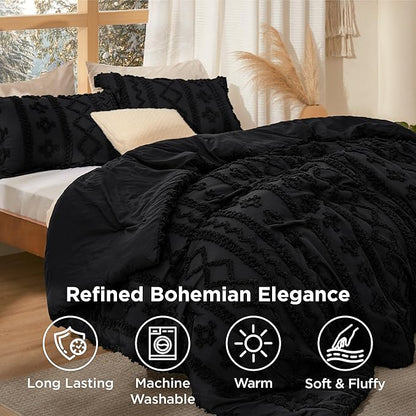 Bedsure Tufted Boho Comforter Set Oversized Queen - Black Boho Bed Set, GentleSoft™ 3 Pieces Farmhouse Shabby Chic Embroidery Bedding, Gifts for Woman, Soft Jacquard Comforter for All Seasons