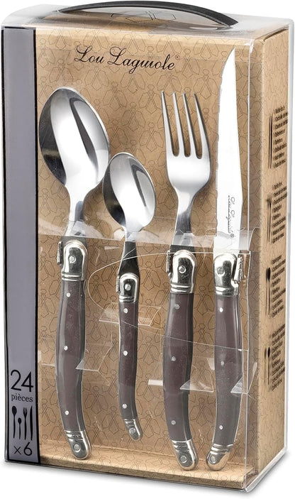 Lou Laguiole Tradition Stainless Steel Polypropylene Vintage Silverware Set - 24-Piece Flatware Set