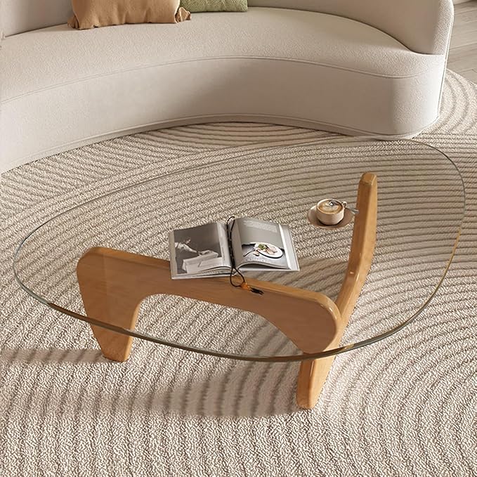Mid Century Modern Glass Coffee Table, Small Coffee Table for Living Room, Elegant and Functional Coffee Tables, Suitable for Bedroom Living Room Reception Office Tables（Wood/Transparent，Medium）