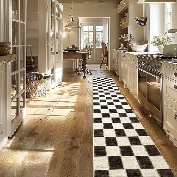 EVERGRACE Checkered Plaid Area Rug 2x10, Soft Fuzzy Faux Wool Rugs Washable Anti Slip Rugs Long Runner Rug Carpet for Entryway Bedroom Living Room Hallway Kitchen Dining Room and Laundry Room, Black