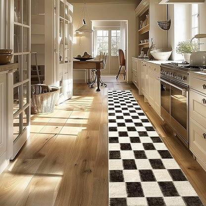 EVERGRACE Checkered Plaid Area Rug 2x10, Soft Fuzzy Faux Wool Rugs Washable Anti Slip Rugs Long Runner Rug Carpet for Entryway Bedroom Living Room Hallway Kitchen Dining Room and Laundry Room, Black