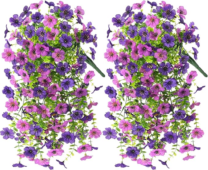 INQCMY 2Pcs Artificial Flowers for Outdoors UV Resistant Artificial Plants Easy Assembly for Spring Decor Look Real Faux Hanging Flowers for Outside Home Planter Porch Patio Decor