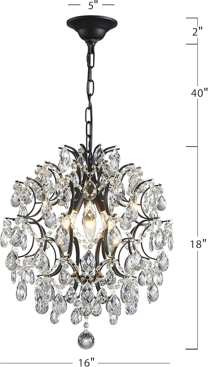 Bestier Modern Black Pendant Chandelier Crystal Raindrop Lighting Ceiling Light Fixture Lamp for Dining Room Bathroom Bedroom Livingroom entryway 3 E12 Bulbs Required D16 in x H18 in