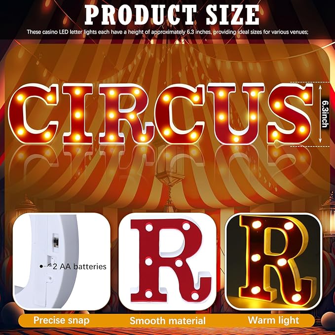 Circus Light up Letters Sign Party Decorations Battery Powered Marquee Lighted Sign LED Alphabet Letter Lights for Christmas Night Party Birthday Home Tabletop Decor Supplies