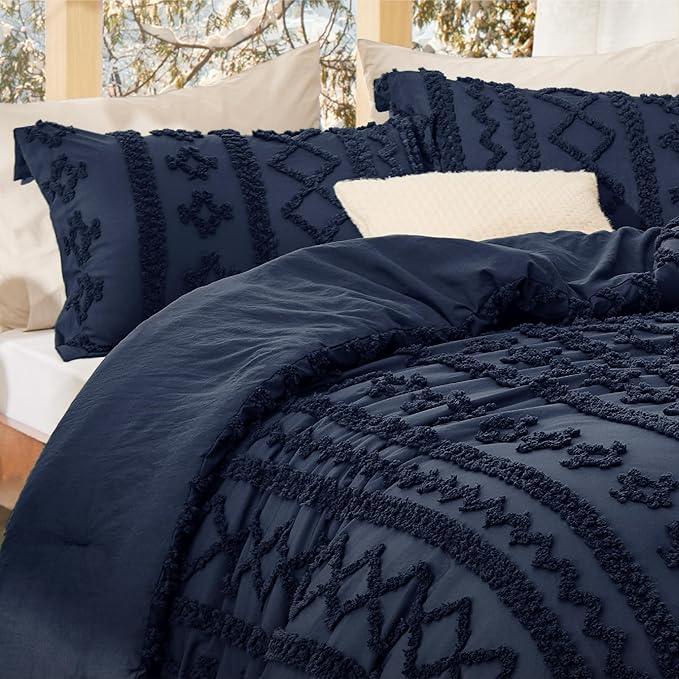 Bedsure Tufted Boho Comforter Set Queen Size - Navy Boho Bed Set, GentleSoft™ 3 Pieces Farmhouse Shabby Chic Embroidery Bedding, Gifts for Woman, Soft Jacquard Queen Comforter for All Seasons