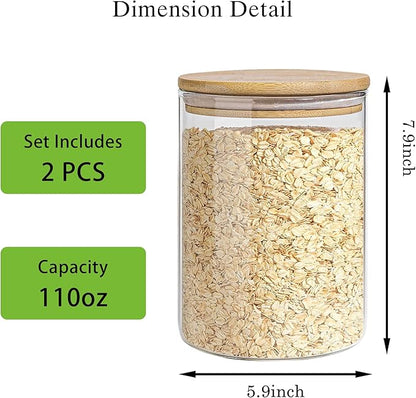 Glass Storage Jars Set Elegant Containers with Airtight Bamboo Lids, Perfect for Kitchen Organization - Flour, Rice, Pasta, Sugar, Coffee Beans, Accessories Included (2 packs(111oz))
