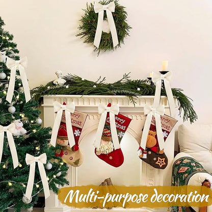 AYGXU 24pcs Twist Tie Bows,premade Rice White Bows for Gift Wrapping,Christmas Tree Bow tie,Christmas Ornaments,Double-Sided Ribbon Bow,Bag Ties Twists