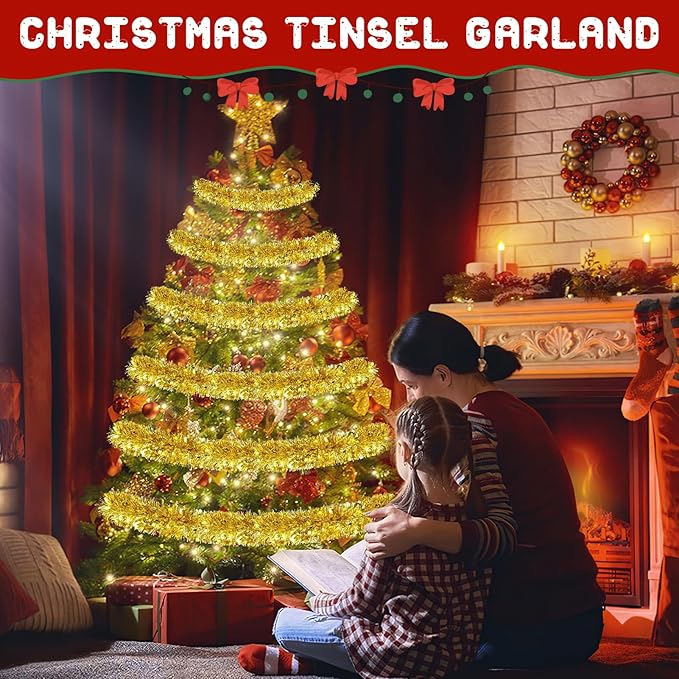 50FT Gold Christmas Tinsel Garland, Metallic Twist Shiny Hanging Garland Ornaments for Xmas Tree Party Supplies Thick Thin Metallic Streamers for Indoor Outdoor Decor