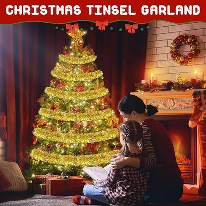 50FT Gold Christmas Tinsel Garland, Metallic Twist Shiny Hanging Garland Ornaments for Xmas Tree Party Supplies Thick Thin Metallic Streamers for Indoor Outdoor Decor