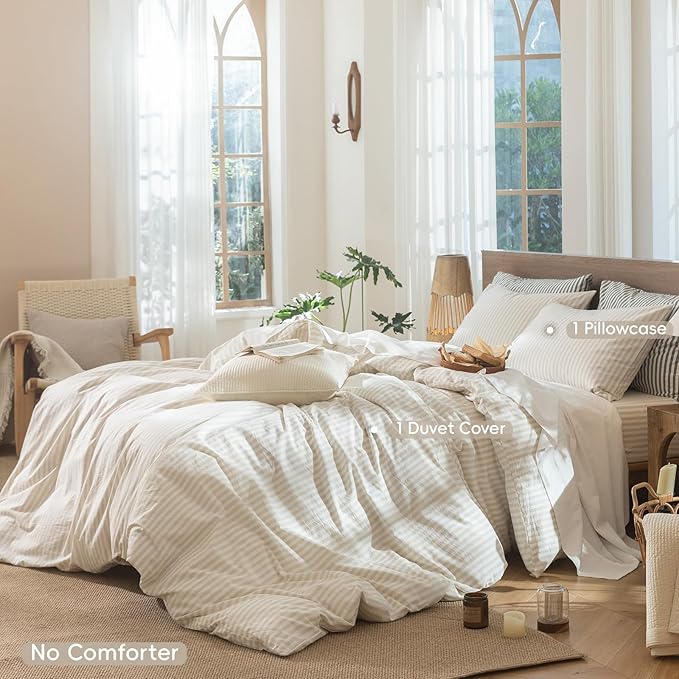 MooMee Striped Duvet Cover Set 100% Washed Cotton Linen Like Textured Breathable Durable Soft Comfy (Almond Milk Grey Classic Stripes, Twin 68"x90")