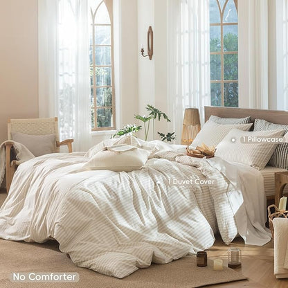 MooMee Striped Duvet Cover Set 100% Washed Cotton Linen Like Textured Breathable Durable Soft Comfy (Almond Milk Grey Classic Stripes, Twin 68"x90")