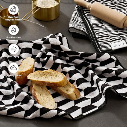 RECYCO Waffle Kitchen Towels Set of 2 Quick Dry Microfiber Sustainable Lightweight Hand Towels Black White Mirage 16x28
