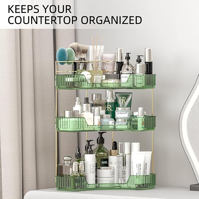 3 Tier Corner Bathroom Organizer Countertop, Vanity Makeup Organizer with Brush Holder, Space-Saving Skincare Storage Corner Shelf for Bathroom, Kitchen