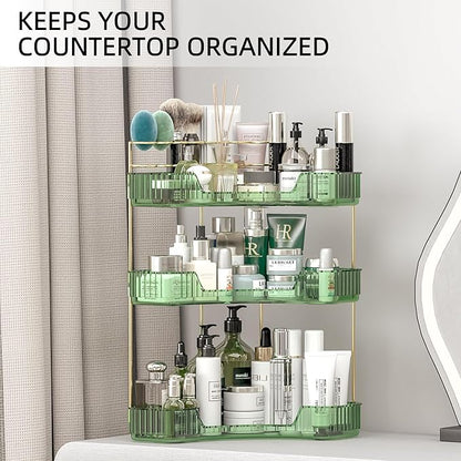 3 Tier Corner Bathroom Organizer Countertop, Vanity Makeup Organizer with Brush Holder, Space-Saving Skincare Storage Corner Shelf for Bathroom, Kitchen
