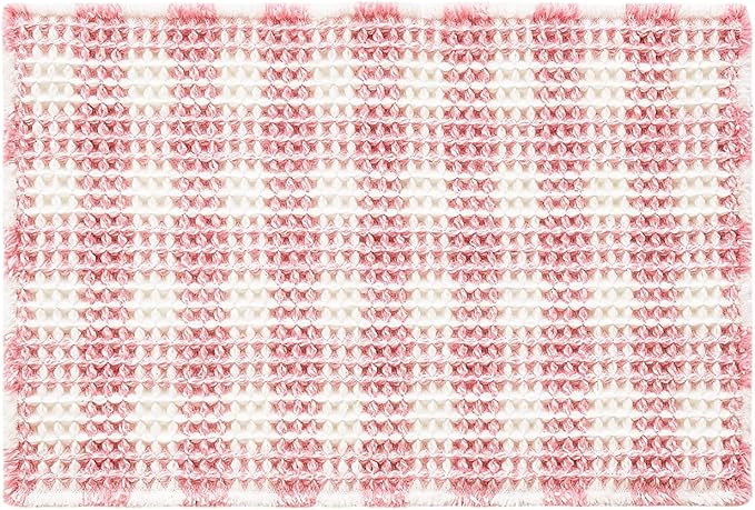 Waffle Bath Mat, Boho Bathroom Rugs Non Slip Washable Absorbent Checkered Bathroom Mat Quick Dry Cute Bath Mat, 30"x20" Pink and White