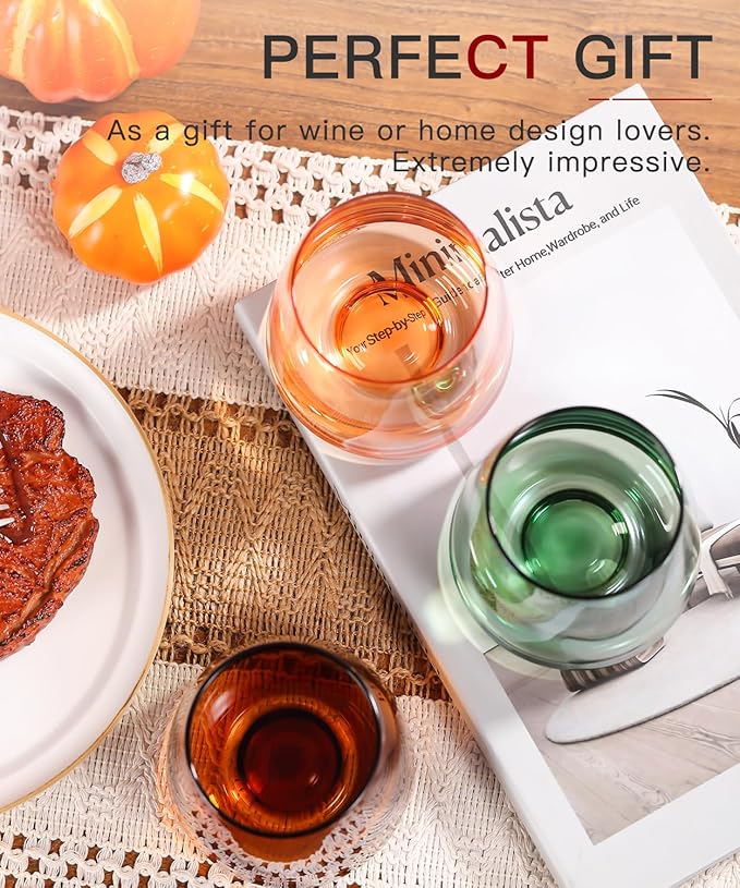 Stemless Colored Wine Glasses Set of 6-15oz Colorful Wine Glasses,Perfect Red Wine Glass Stemware for Wine Lover in Wedding,Engagement Gifts