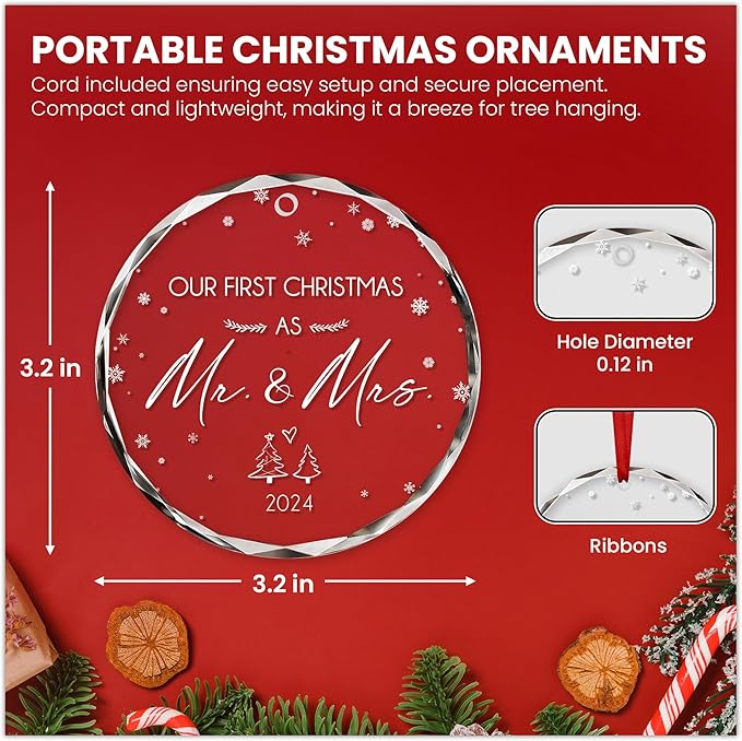 Anniversary Wedding Gifts for Him, Her, Christmas Ornament - Just Married, Romantic Couple Gifts for Husband and Wife - Christmas Tree Decoration Glass Ornament