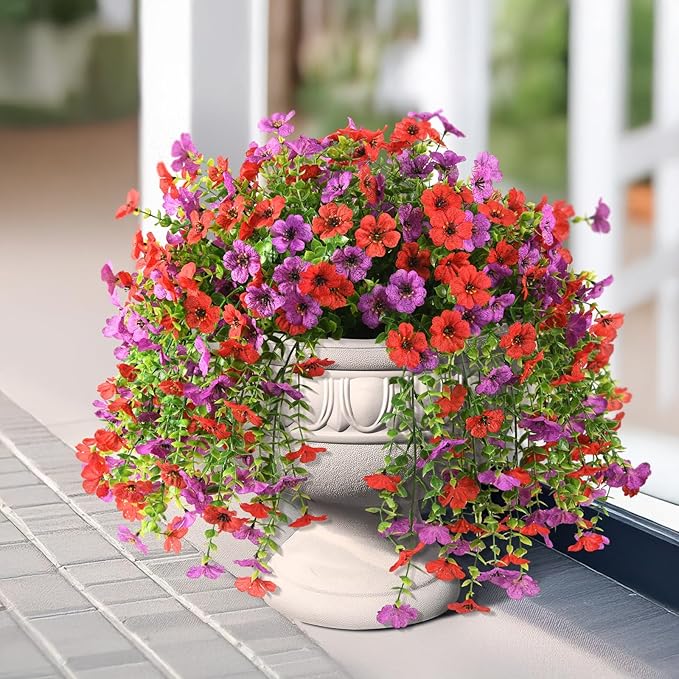 INQCMY 2Pcs Artificial Flowers for Outdoors UV Resistant Artificial Plants Easy Assembly for Spring Decor Look Real Faux Hanging Flowers for Outside Home Planter Porch Patio Decor