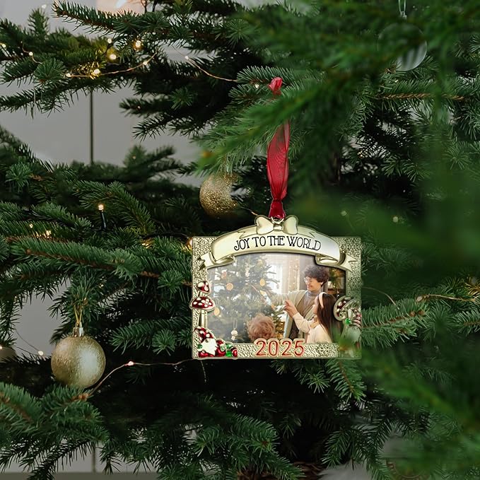 2025 Christmas Ornaments 3x2 inch Picture Frame Metal Hanging Pendant for Tree Small Decorative Keepsake, Display Photo for Baby and Pet (Gnome Gold (2025))
