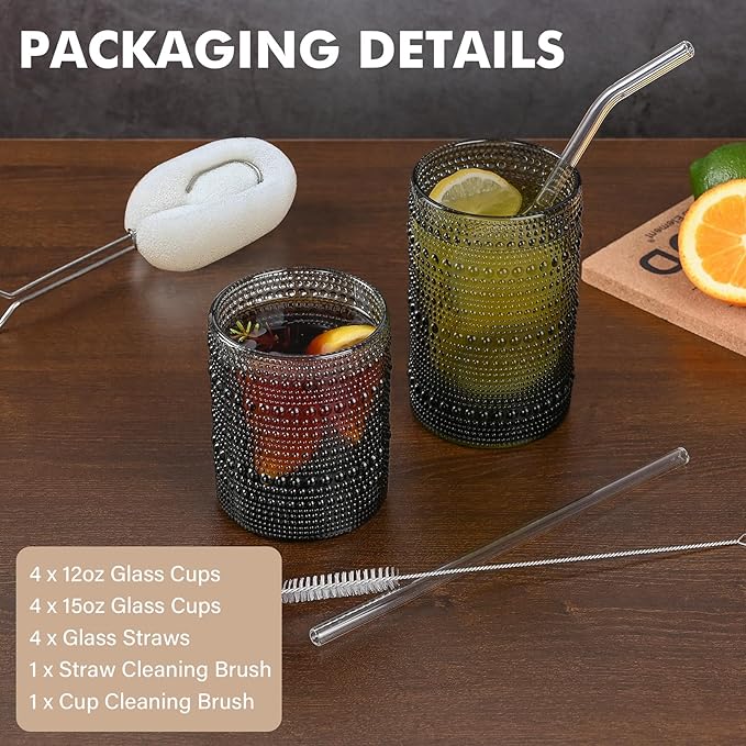 Vintage Hobnail Drinking Glasses Set of 8,Grey 12 oz & 15oz Highball Glass Cups, Kitchen Drinkware Glassware
