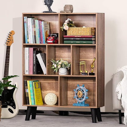 LEYAOYAO 7 Cube Bookshelf 3 Tier Modern Bookcase with Legs,Wood Book Shelves Storage Organizer Shelf,Free Standing Bookcases,Oak Display Bookshelves