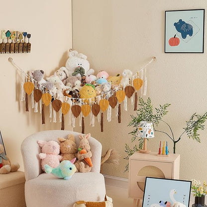 Pretty Jolly Stuffed Animal Storage with Hand Woven Leaf Tassels Hammock Corner Hanging Net Boho Macrame Plush Storage for Kid Room Nursery Decor Wall Display for Girls Gift(Dark Yellow&Caramel)