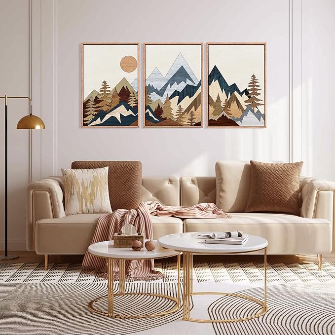 HOURIA Mid Century Mountain Woodland Framed Wall Art Set,Boho Sunrise Pine Tree Wall Decor,Wilderness Nature Forest Artwork,Modern Woodcut Field Art Print for Living Room,Bedroom,Office- 24"x36"x3